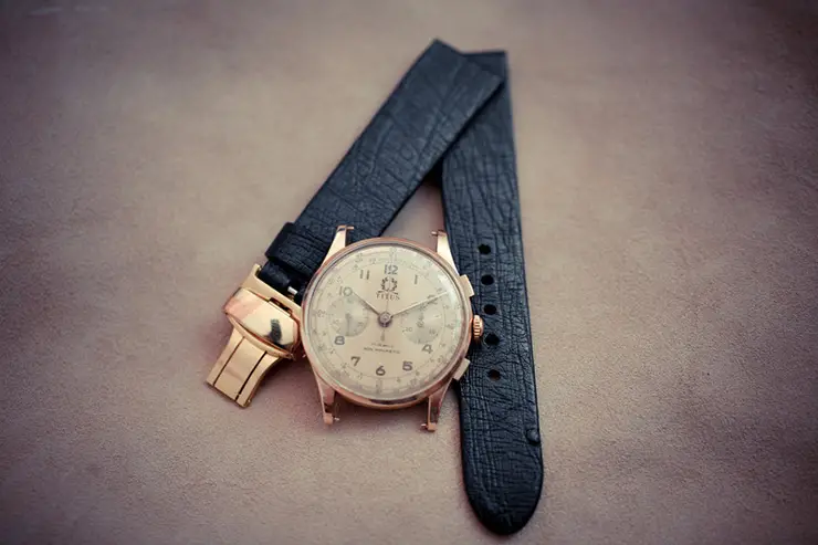 Ostrich leather classical watch strap for a vintage gold chrono by Maverick Custom Handmade