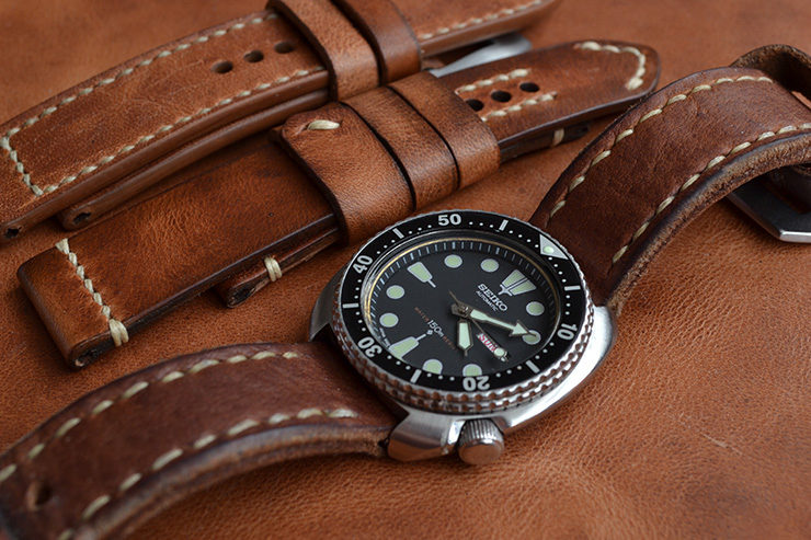 Neptune Straps Thick Brown Leather Watch Strap on Seiko Diver watch
