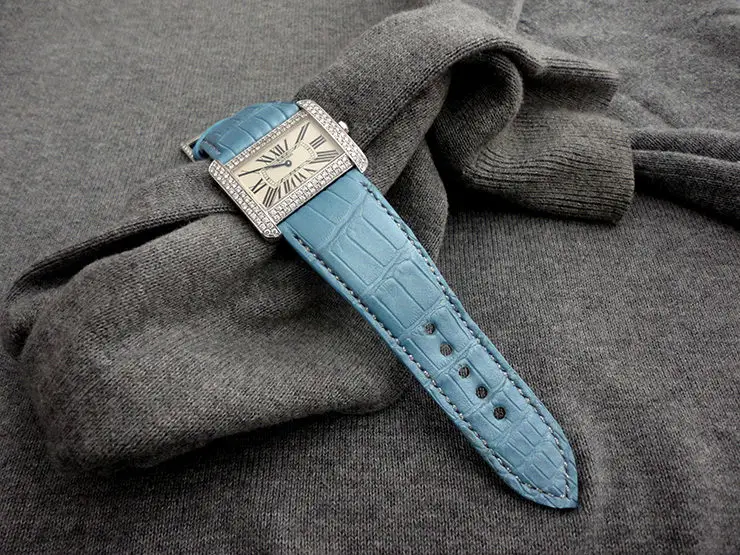 Cartier Tank Divan Diamonds on Baby Blue Pearlescent Alligator Watch strap with padding at the lugs and Silver Metallic stitching