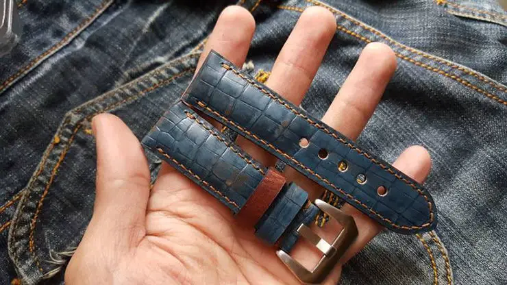 Two One Four Straps – Hand painted Vintage Denim Croc print Watch Strap