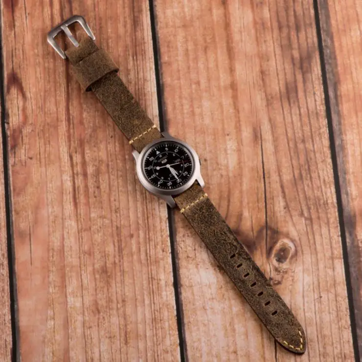 Clockwork Synergy Autumn Brown Suede Leather Band on a Seiko SNK 809 Watch