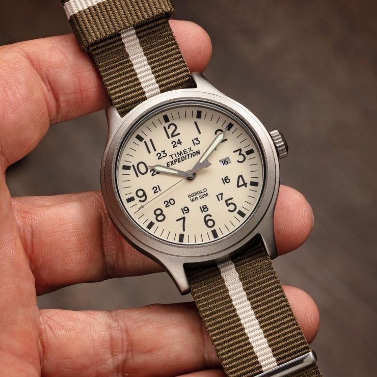 Barton Bands Army Green & Linen NATO style strap on an inexpensive Timex Expedition