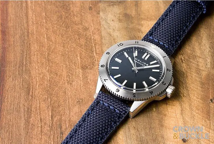 Crown & Buckle Phalanx Navy Canvas Watch Strap on Halios Watch