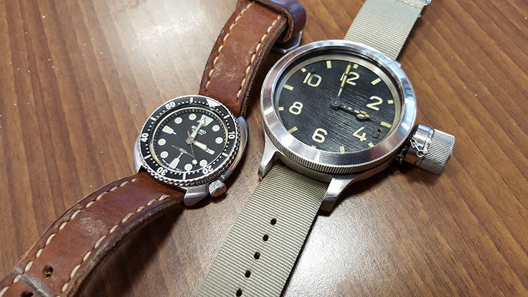 Neptune Straps Brown Leather Watch Strap on Seiko Diver