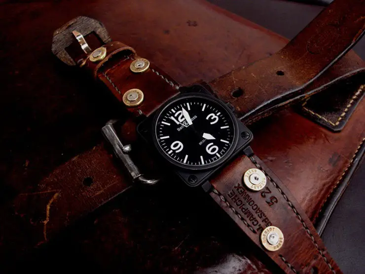 Bell & Ross BR01 on 1952 Swiss Ammo watch strap with custom bullet cartridge rivets