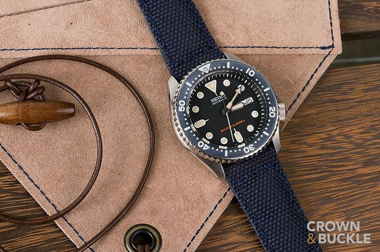 Crown & Buckle Phalanx Navy Canvas Watch Strap on Seiko Diver