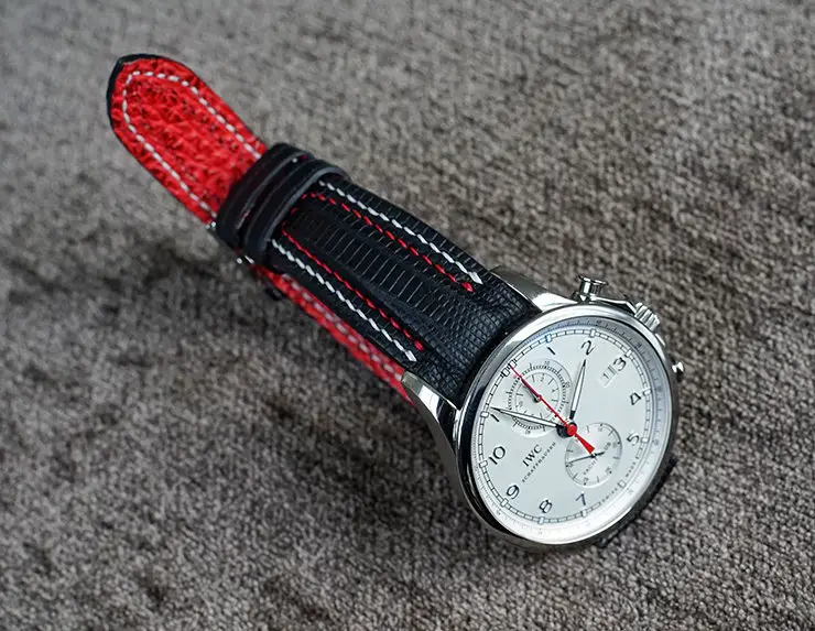 IWC Portuguese Yacht Club Chronograph on SuperMatte Teju Lizard Watch Strap with Double Row Stitching and Red Sharkskin Lining