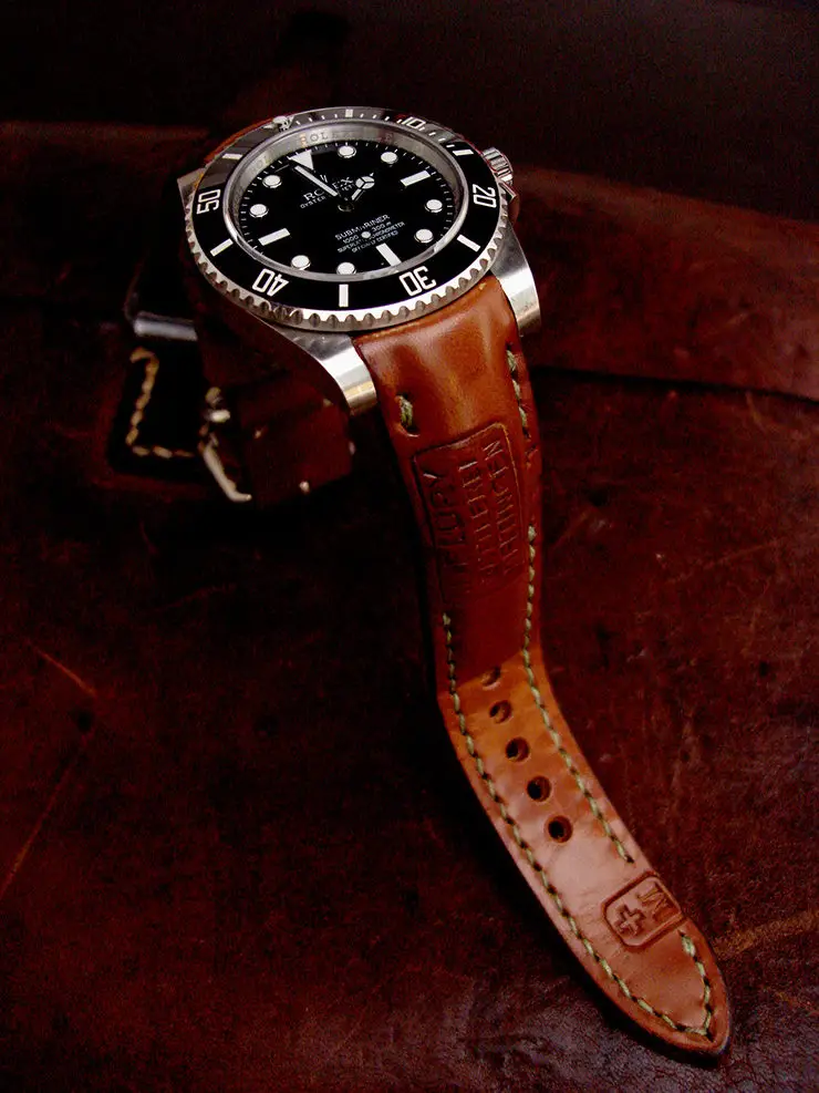 Rolex Submariner on 1967 Swiss Ammo watch strap with Padding at the lugs and our Thick Curved Lug System TCLS