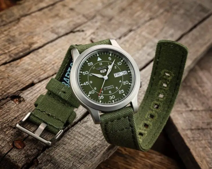 Barton Bands Green Canvas Strap on a Seiko SNK 805