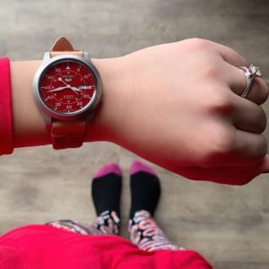 Seiko 5 SNK M95 Red Dial on a Fossil Strap - picture credit by Lexy aka the_real_seiko_girl