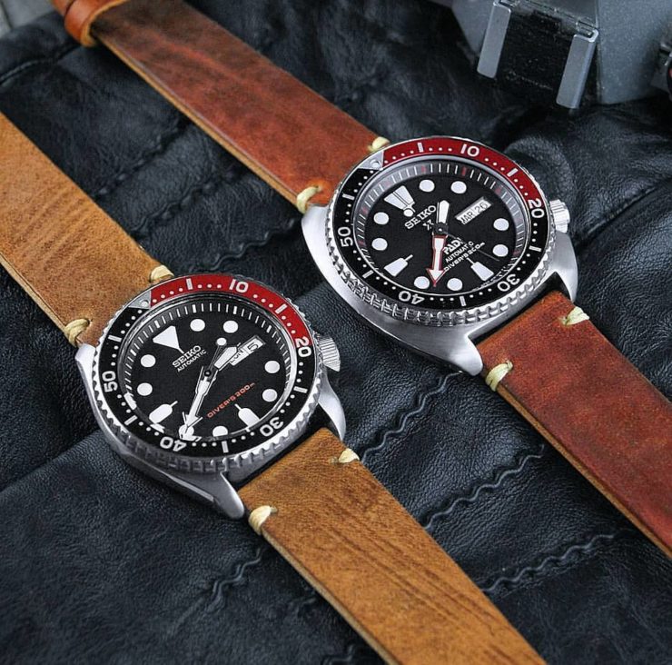 Seiko Divers on brown leather straps from B&R Bands