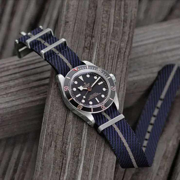 B&R Bands Blue and Grey NATO strap on a Tudor Black Bay watch