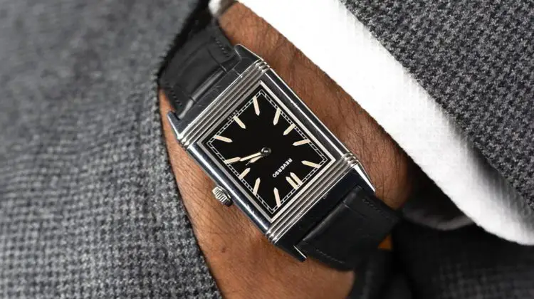 Black square scale alligator strap from Molequin on a Reverso Watch