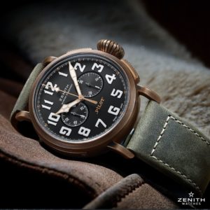 Bronze Zenith Pilot Watch on the stock green leather strap