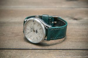 Custom emerald green lizard watch strap on a white dial Patek by Finwatchstraps